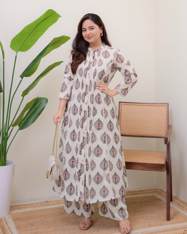 Ivory Green Paisley Pintex Cotton A Line Kurta Set