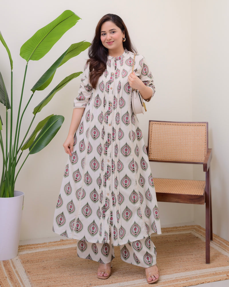Ivory Green Paisley Pintex Cotton A Line Kurta Set