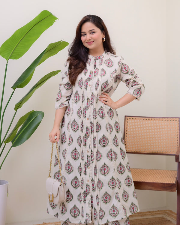 Ivory Green Paisley Pintex Cotton A Line Kurta Set