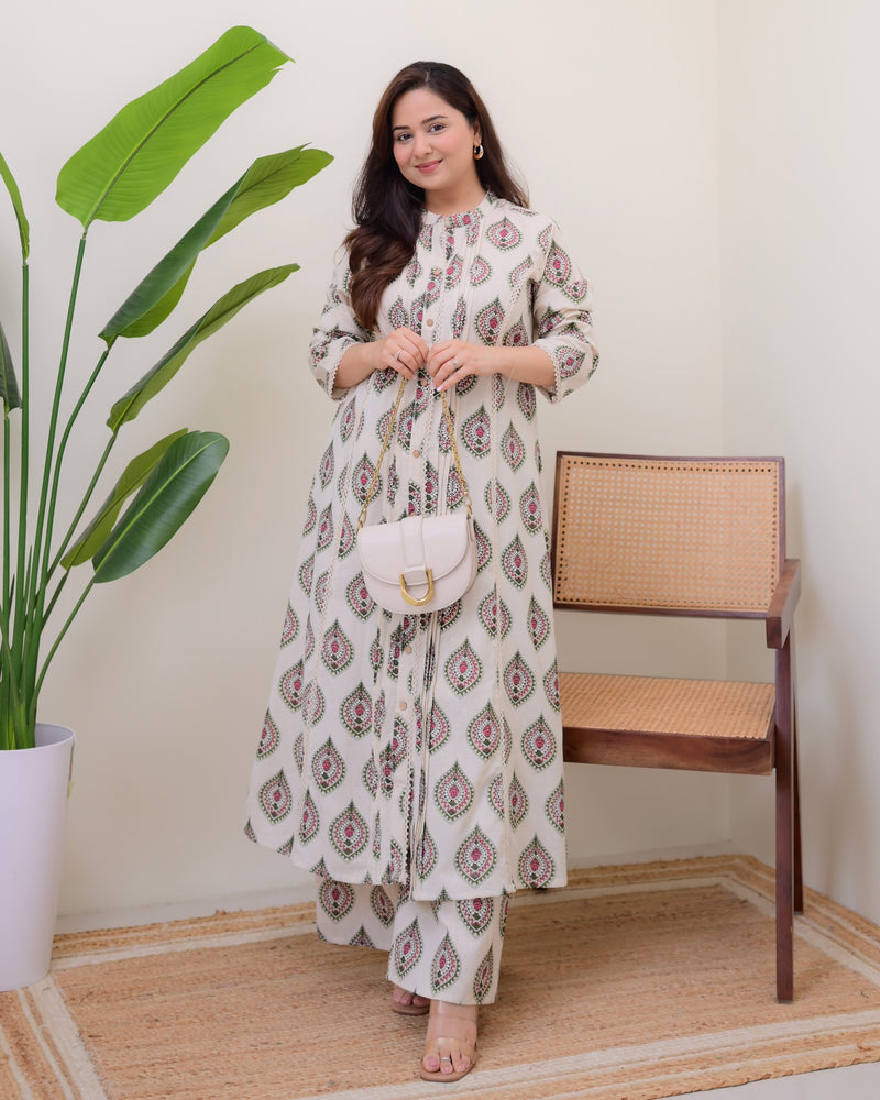 Ivory Green Paisley Pintex Cotton A Line Kurta Set