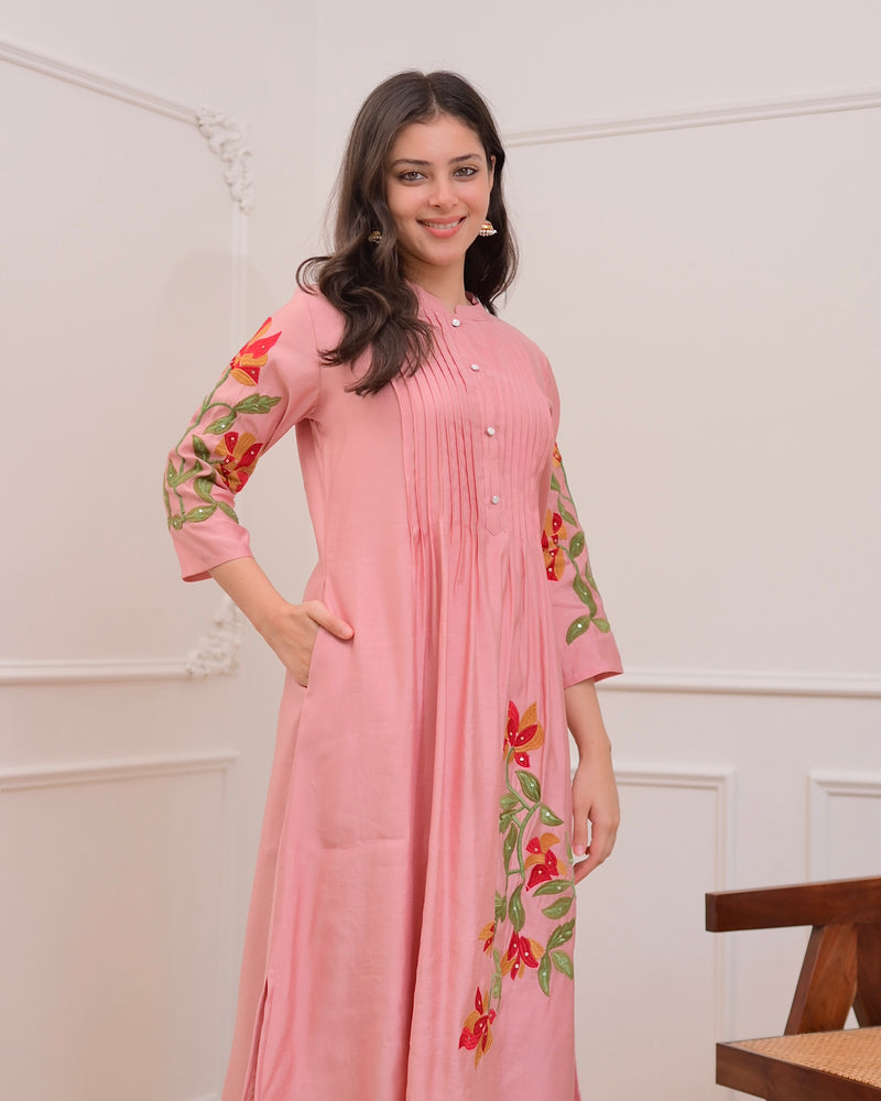 Onion Pink A Line Threadwork Roman Silk Kurta Set