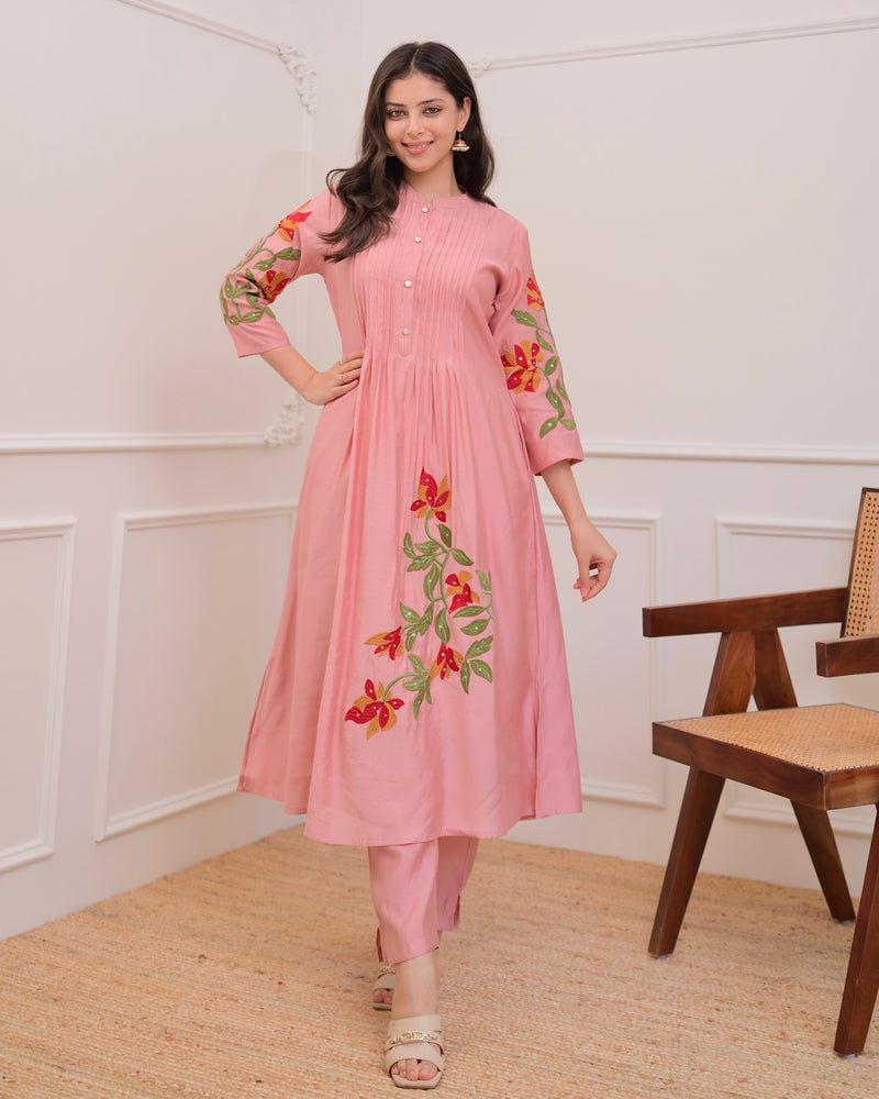 Onion Pink A Line Threadwork Roman Silk Kurta Set