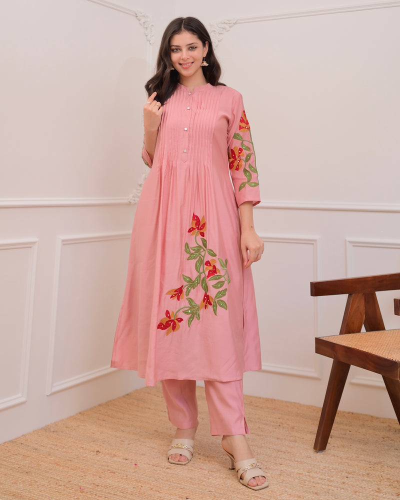 Onion Pink A Line Threadwork Roman Silk Kurta Set