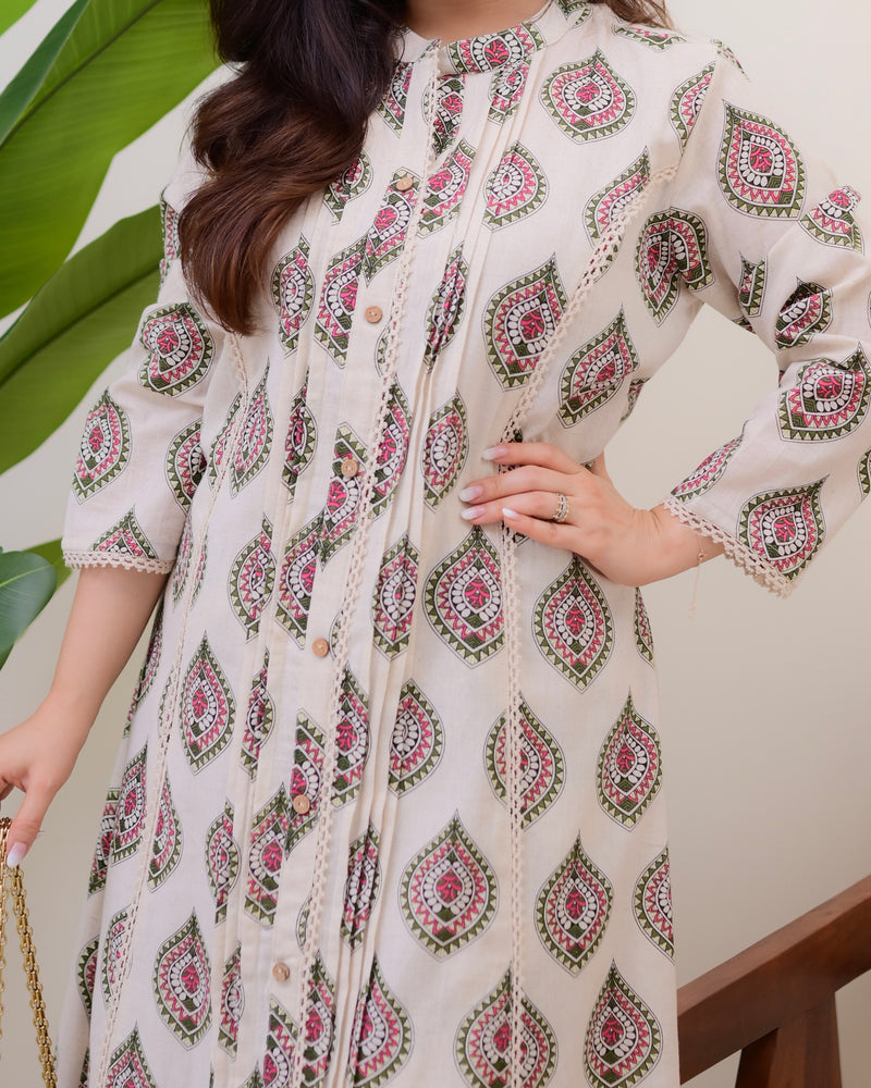 Ivory Green Paisley Pintex Cotton A Line Kurta Set