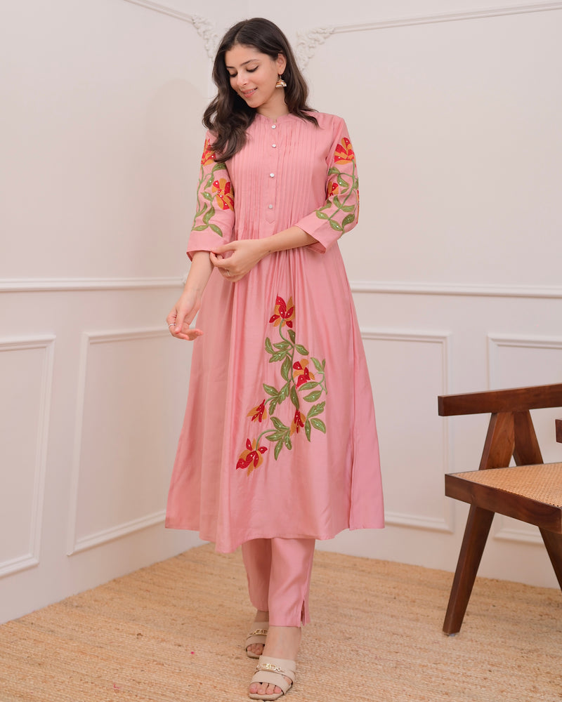 Onion Pink A Line Threadwork Roman Silk Kurta Set