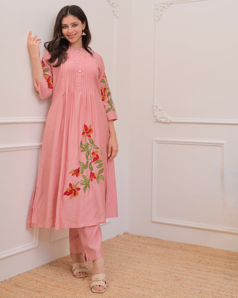 Onion Pink A Line Threadwork Roman Silk Kurta Set