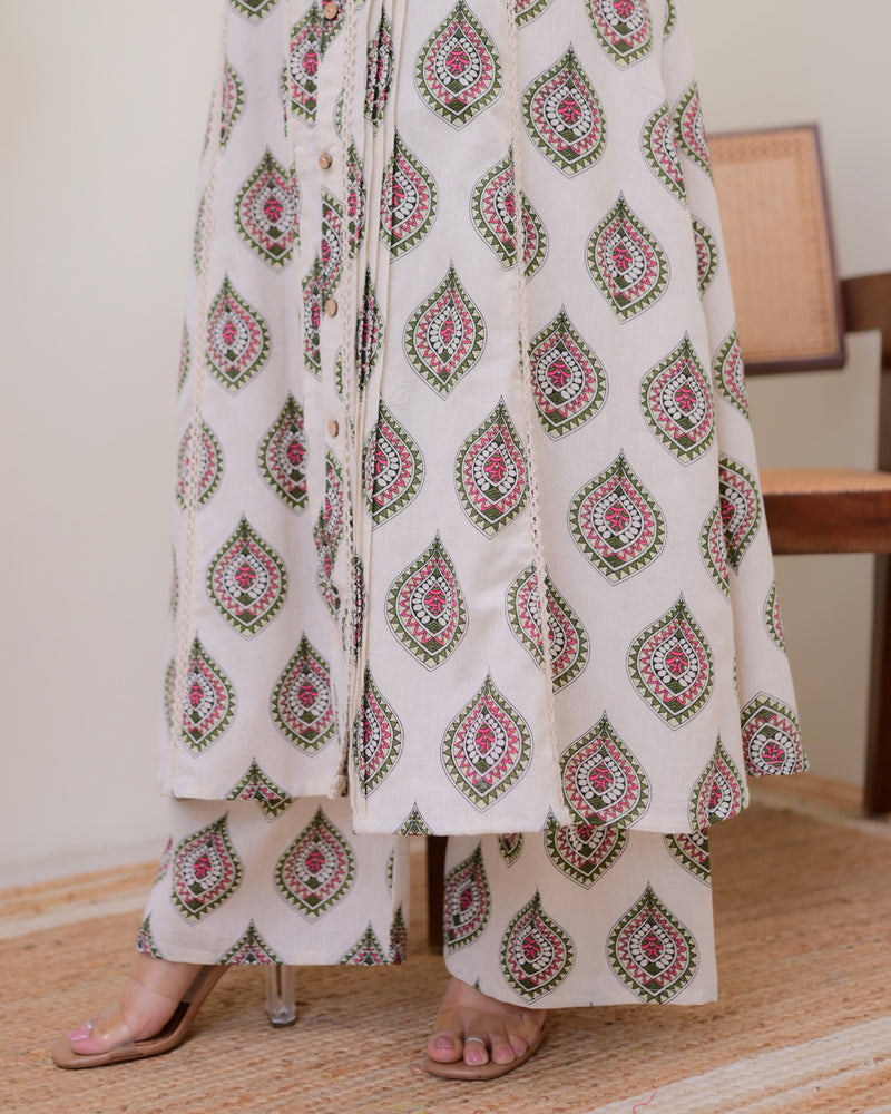 Ivory Green Paisley Pintex Cotton A Line Kurta Set