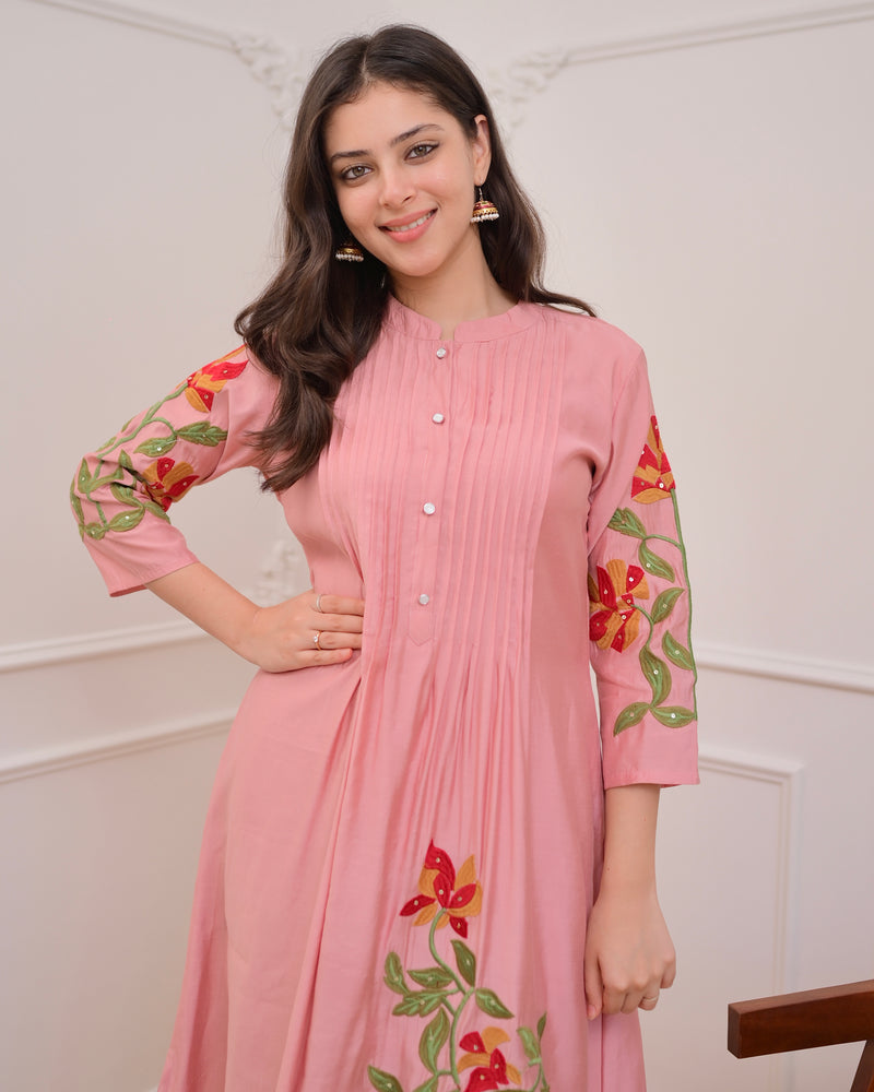 Onion Pink A Line Threadwork Roman Silk Kurta Set