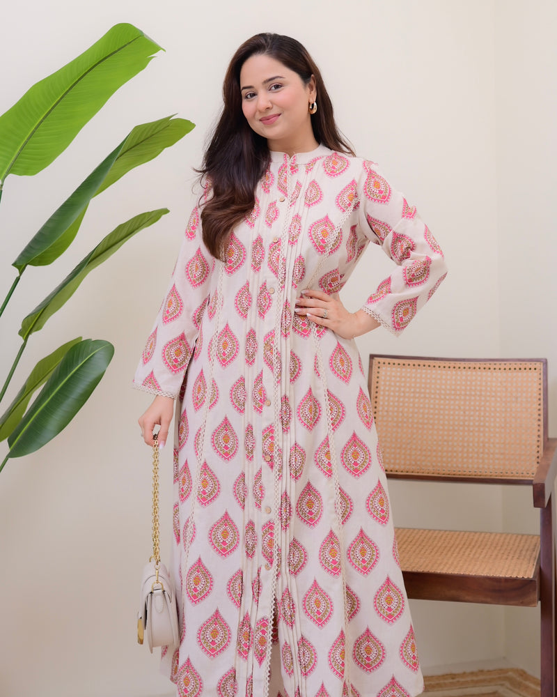 Ivory Pink Paisley Pintex Cotton A Line Kurta Set