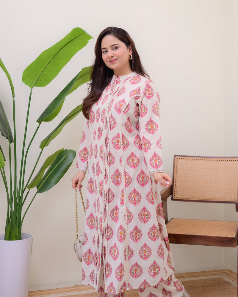 Ivory Pink Paisley Pintex Cotton A Line Kurta Set