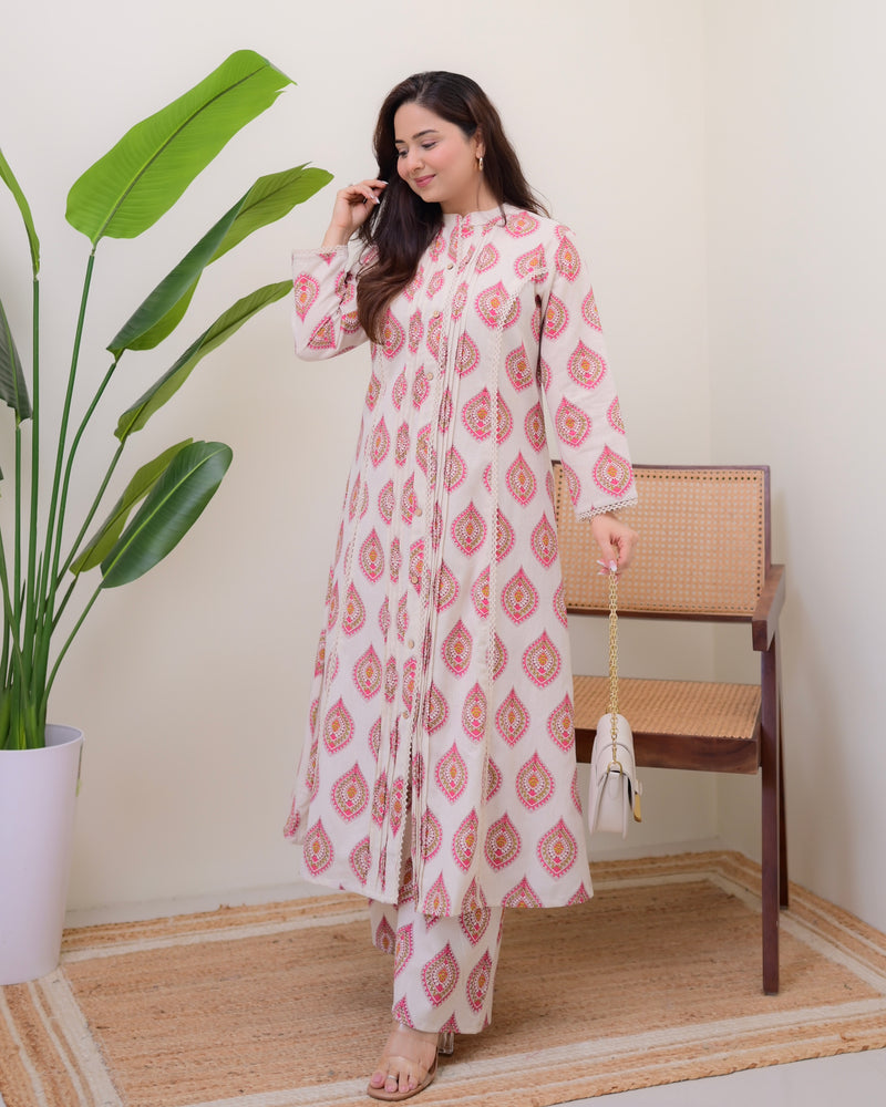 Ivory Pink Paisley Pintex Cotton A Line Kurta Set