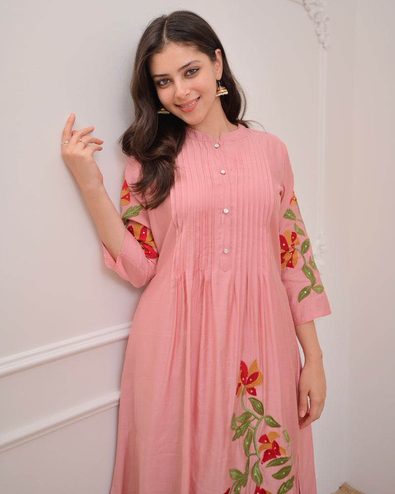 Onion Pink A Line Threadwork Roman Silk Kurta Set