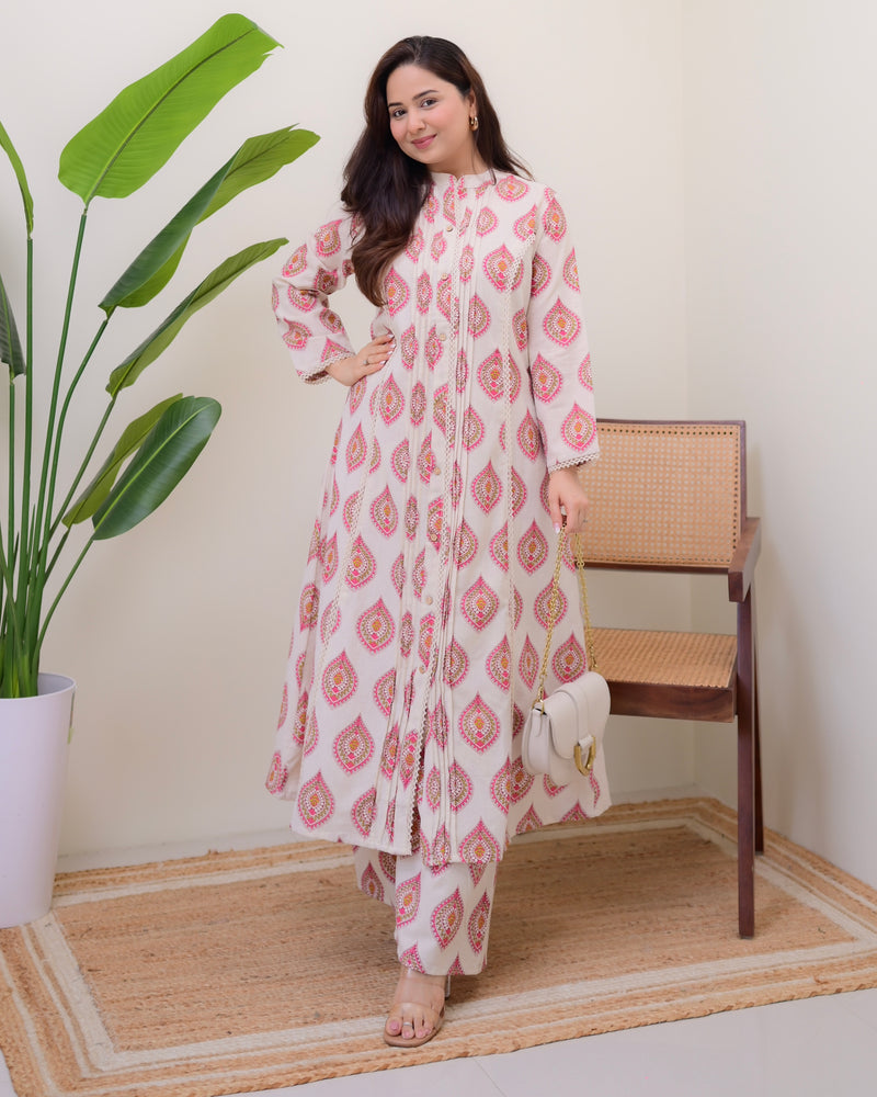 Ivory Pink Paisley Pintex Cotton A Line Kurta Set