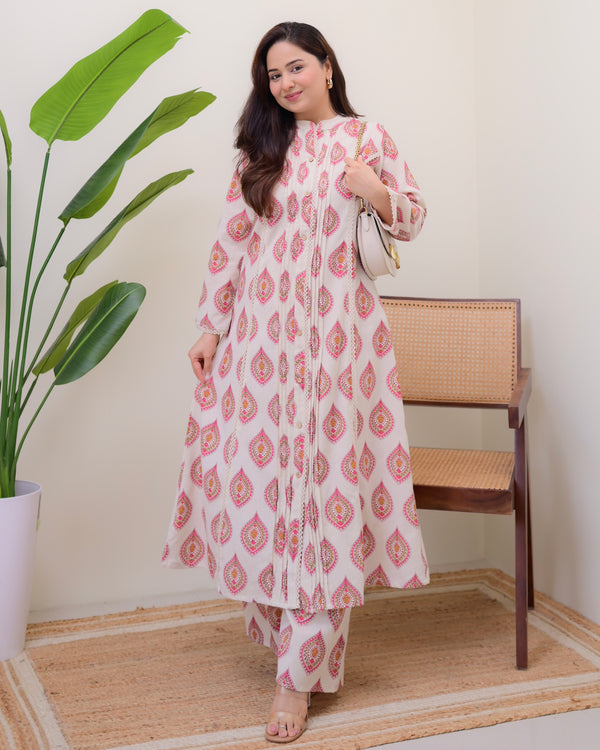 Ivory Pink Paisley Pintex Cotton A Line Kurta Set