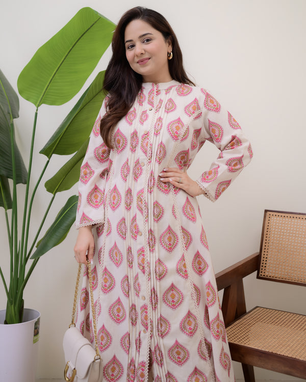 Ivory Pink Paisley Pintex Cotton A Line Kurta Set