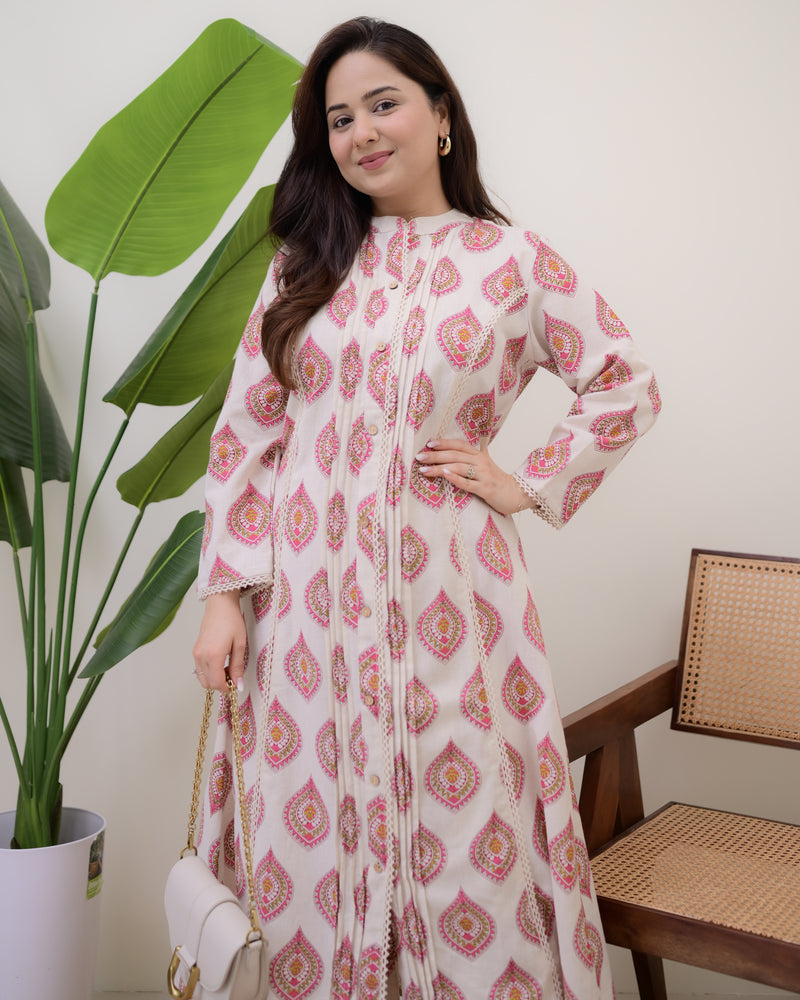 Ivory Pink Paisley Pintex Cotton A Line Kurta Set