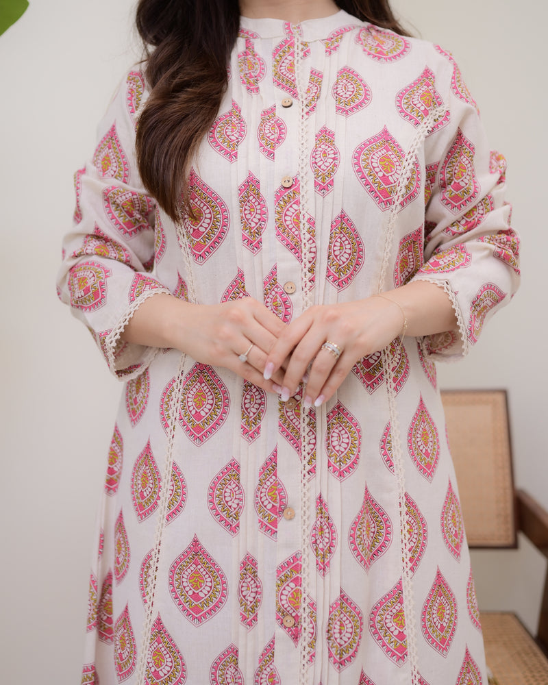 Ivory Pink Paisley Pintex Cotton A Line Kurta Set