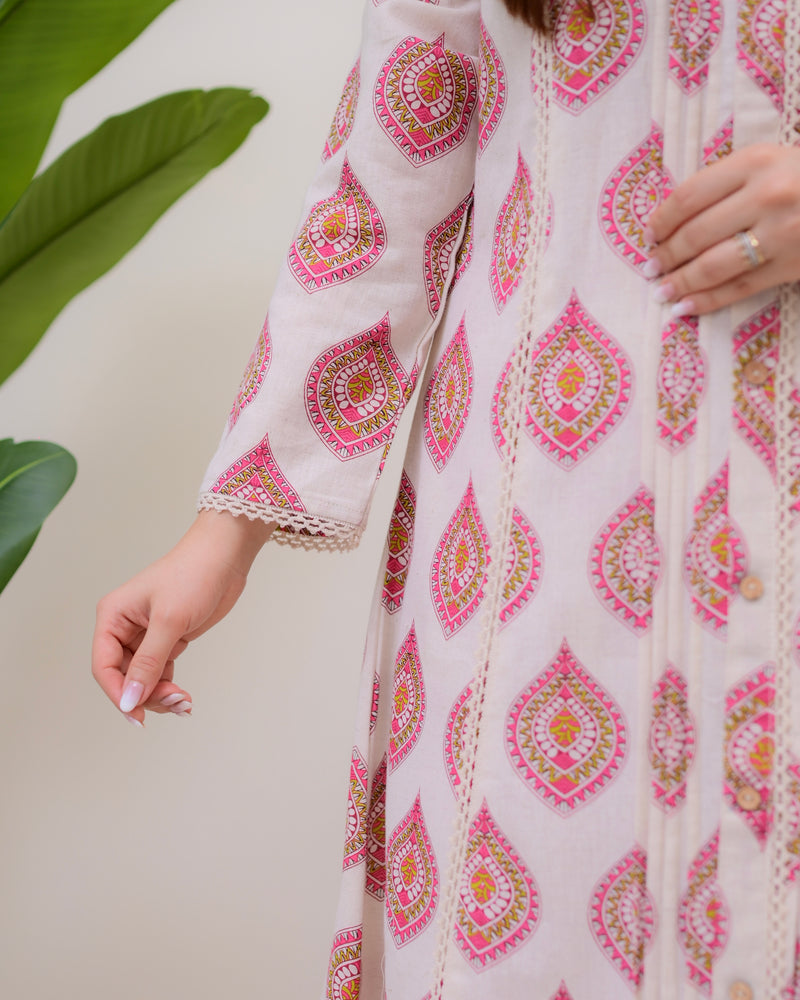 Ivory Pink Paisley Pintex Cotton A Line Kurta Set