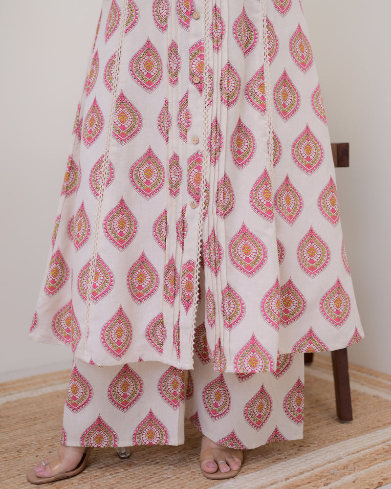 Ivory Pink Paisley Pintex Cotton A Line Kurta Set