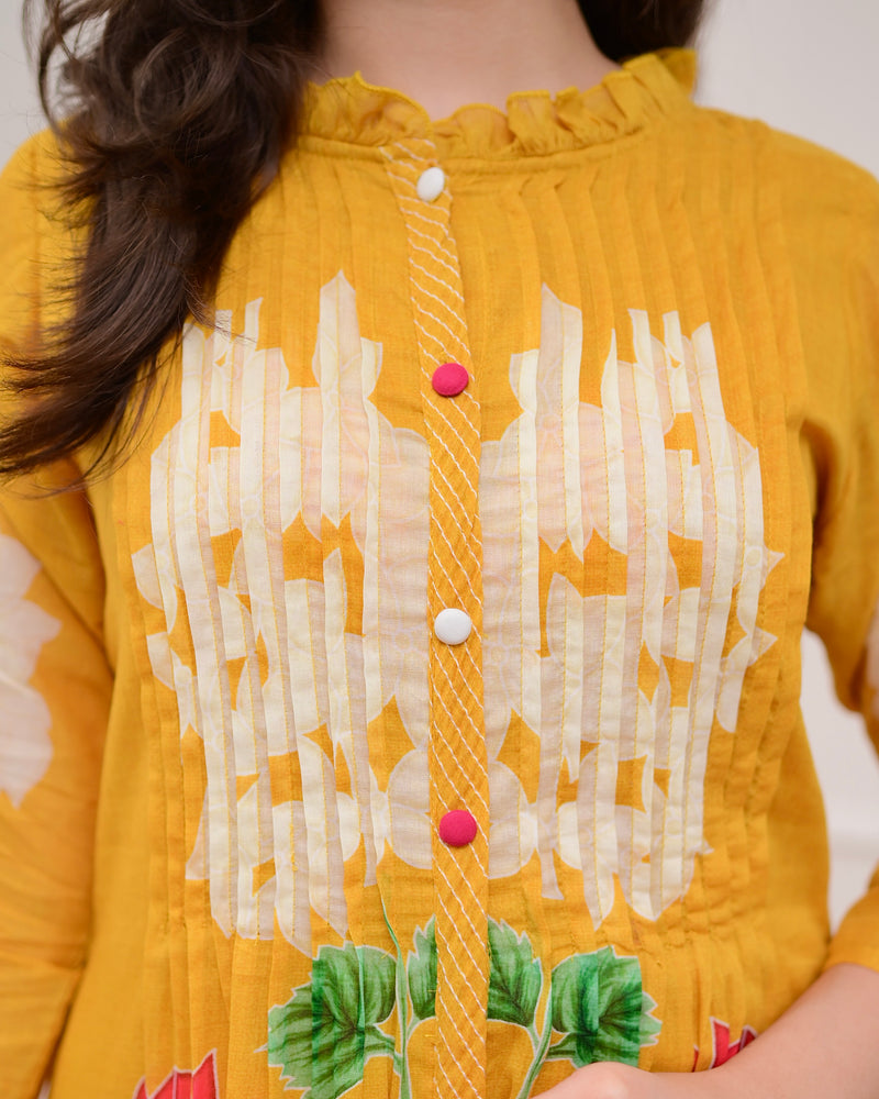Yellow Bloom Pintex Mul Cotton A Line Kurta Set
