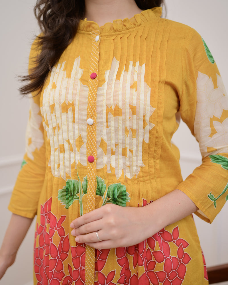 Yellow Bloom Pintex Mul Cotton A Line Kurta Set