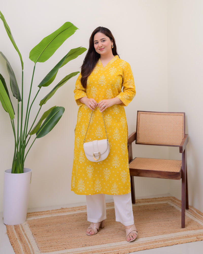 Mustard Printed Cotton Kurta