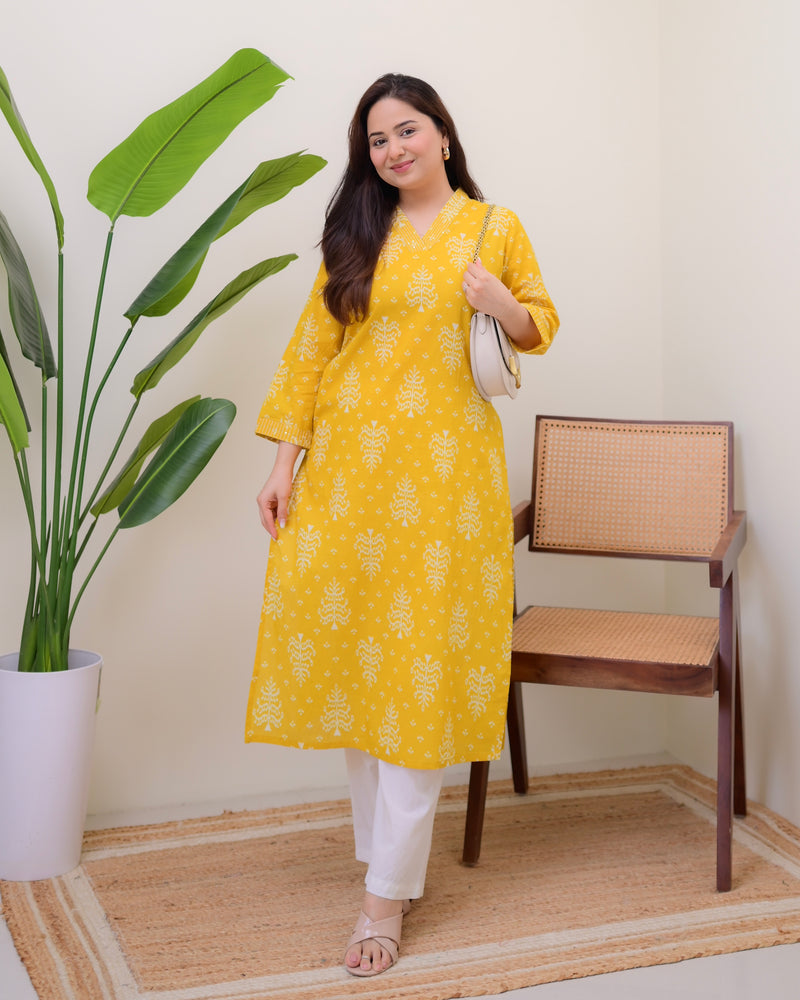 Mustard Printed Cotton Kurta