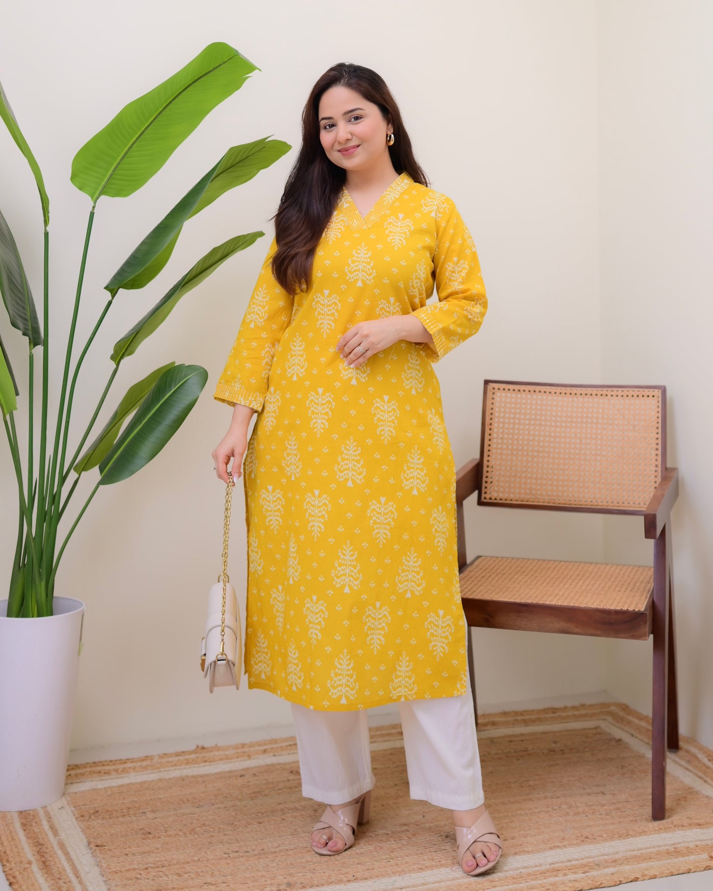 Mustard Printed Cotton Kurta