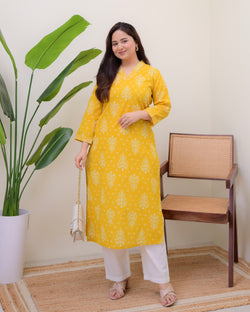 Mustard Printed Cotton Kurta