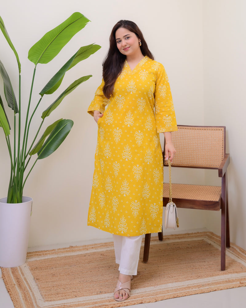 Mustard Printed Cotton Kurta