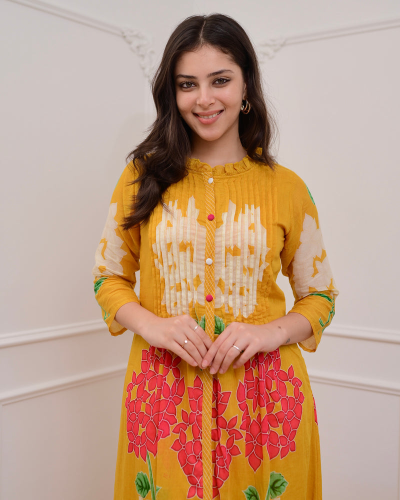 Yellow Bloom Pintex Mul Cotton A Line Kurta Set