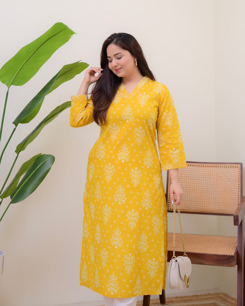 Mustard Printed Cotton Kurta