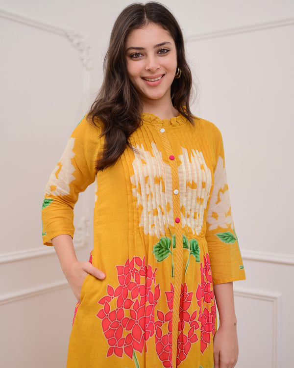 Yellow Bloom Pintex Mul Cotton A Line Kurta Set