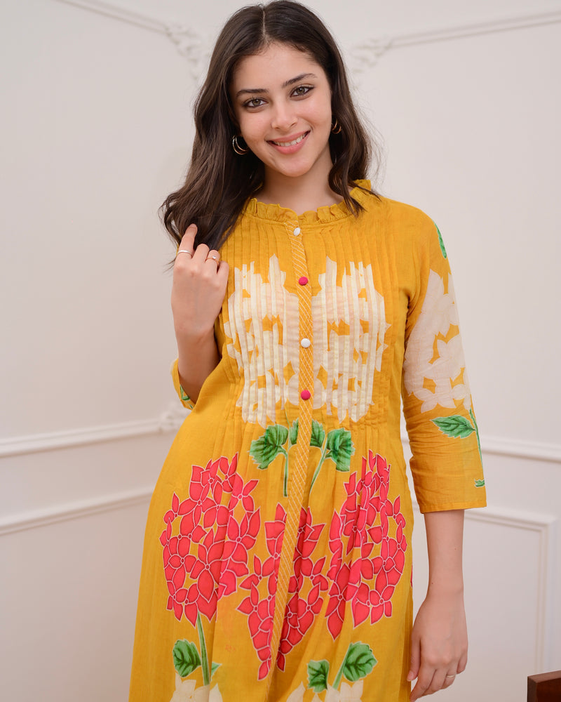 Yellow Bloom Pintex Mul Cotton A Line Kurta Set