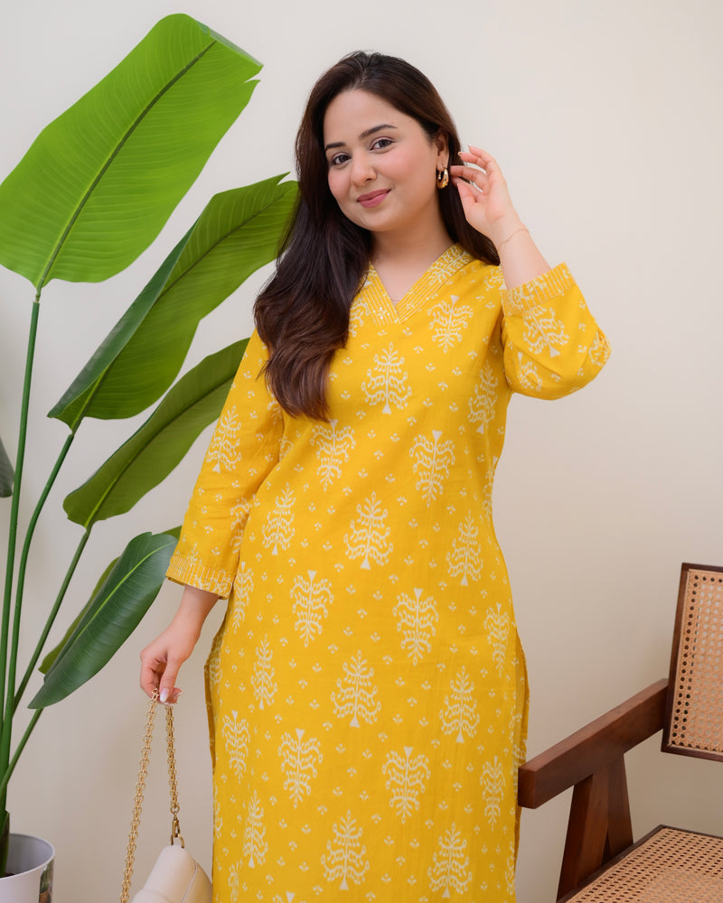Mustard Printed Cotton Kurta