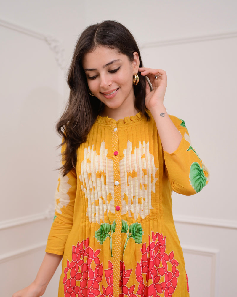 Yellow Bloom Pintex Mul Cotton A Line Kurta Set