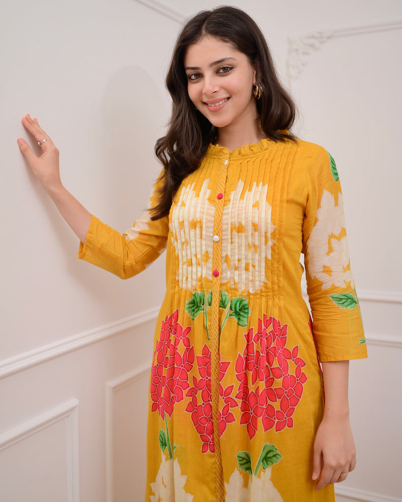 Yellow Bloom Pintex Mul Cotton A Line Kurta Set