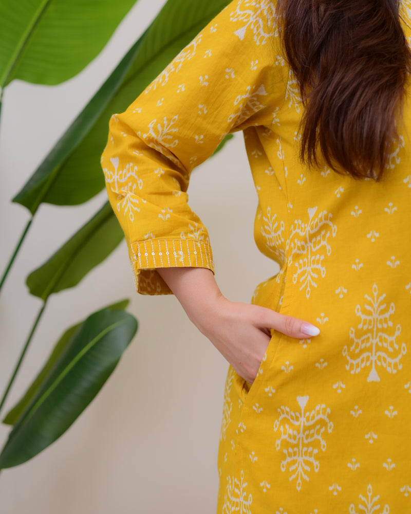 Mustard Printed Cotton Kurta