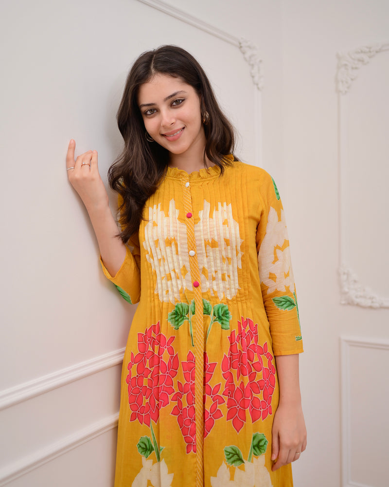 Yellow Bloom Pintex Mul Cotton A Line Kurta Set