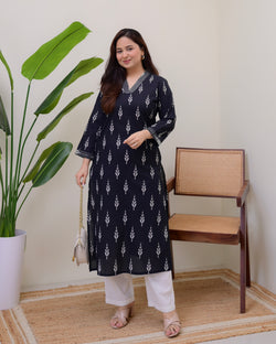 Black Printed Cotton Kurta