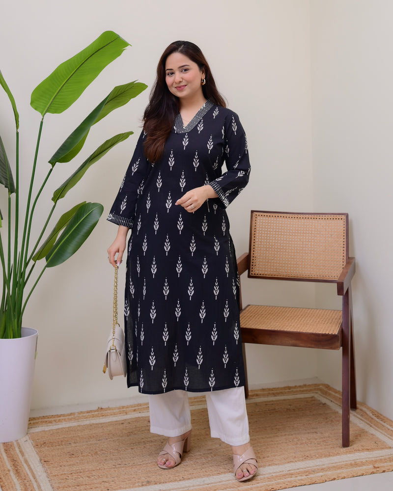 Black Printed Cotton Kurta