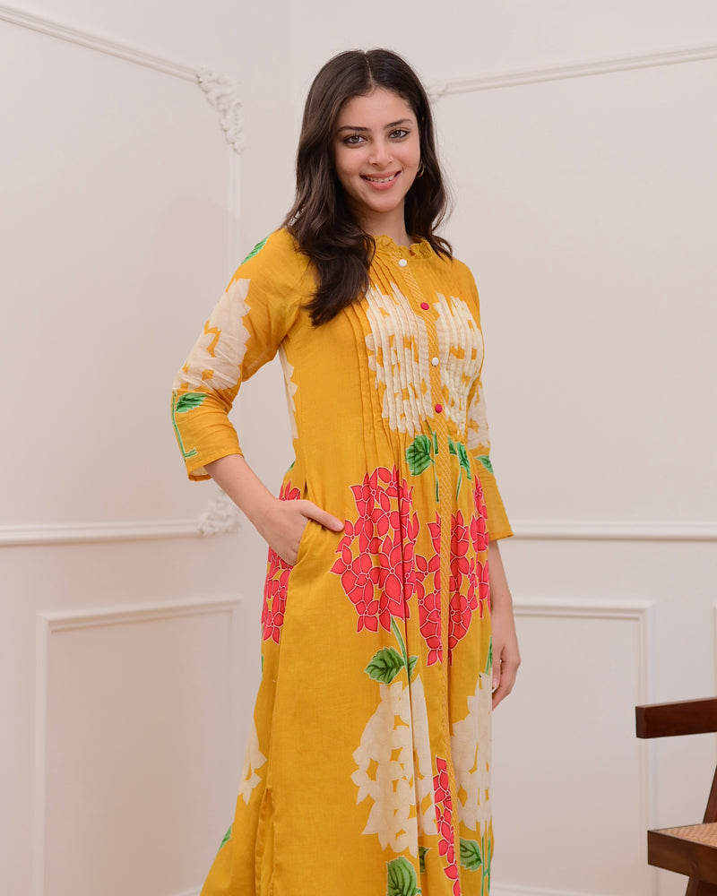 Yellow Bloom Pintex Mul Cotton A Line Kurta Set