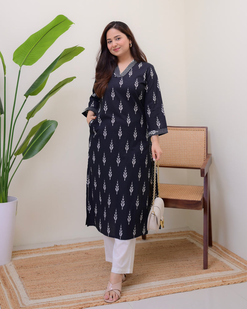 Black Printed Cotton Kurta