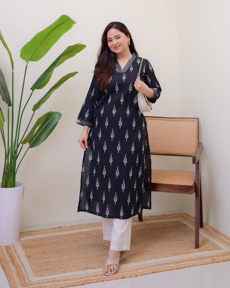 Black Printed Cotton Kurta