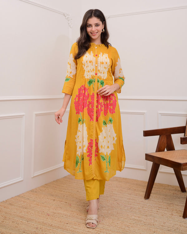 Yellow Bloom Pintex Mul Cotton A Line Kurta Set
