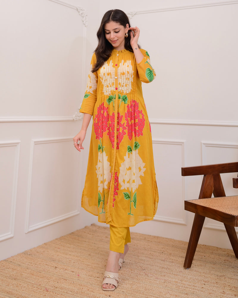 Yellow Bloom Pintex Mul Cotton A Line Kurta Set