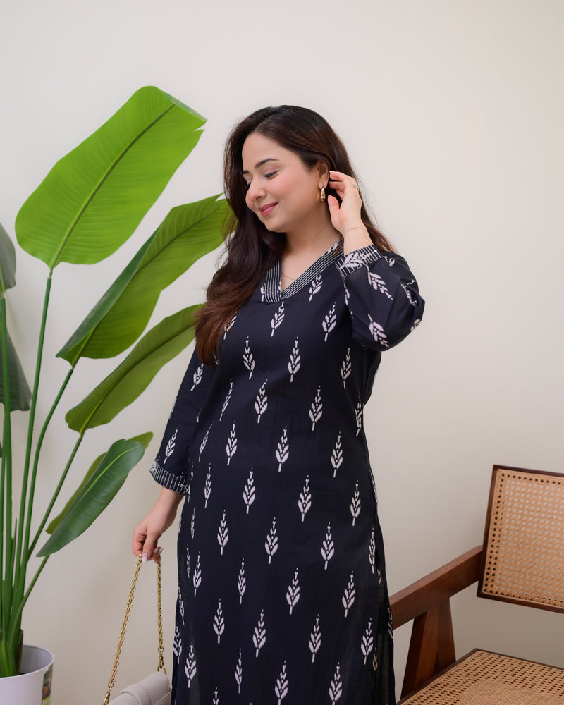 Black Printed Cotton Kurta