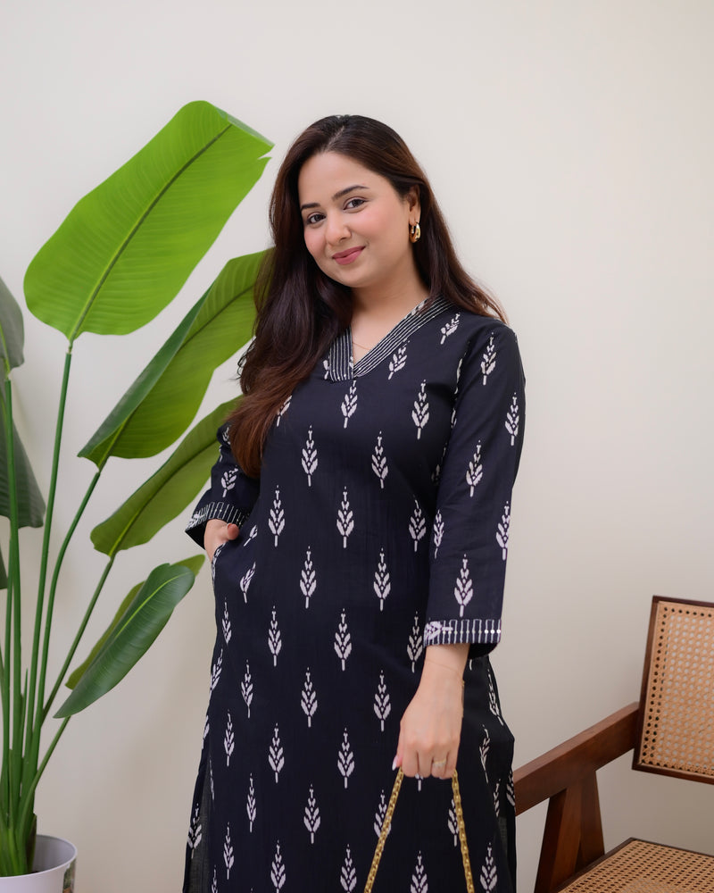 Black Printed Cotton Kurta