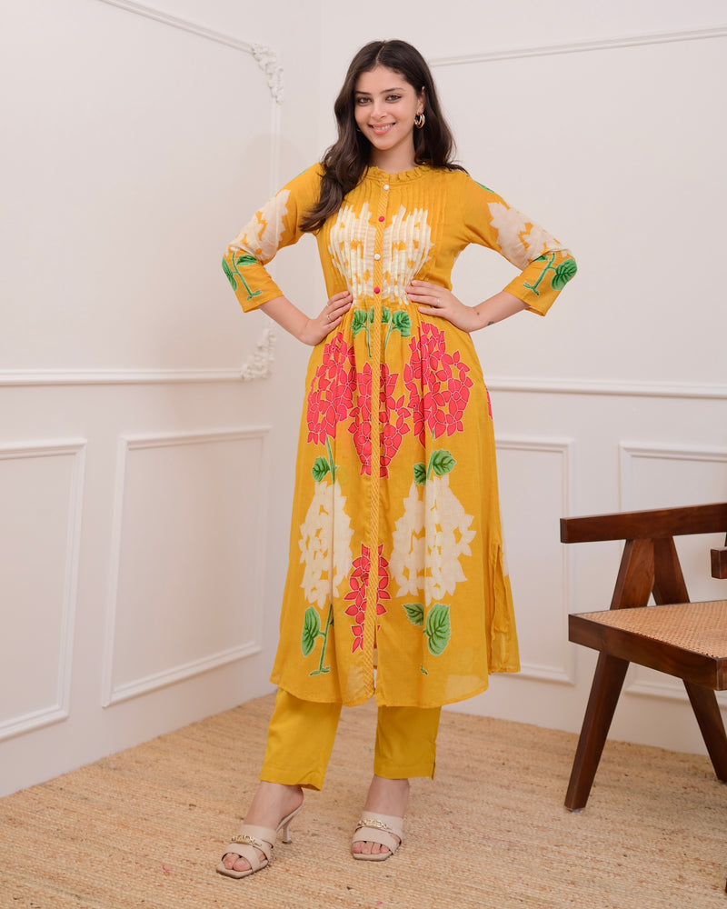 Yellow Bloom Pintex Mul Cotton A Line Kurta Set