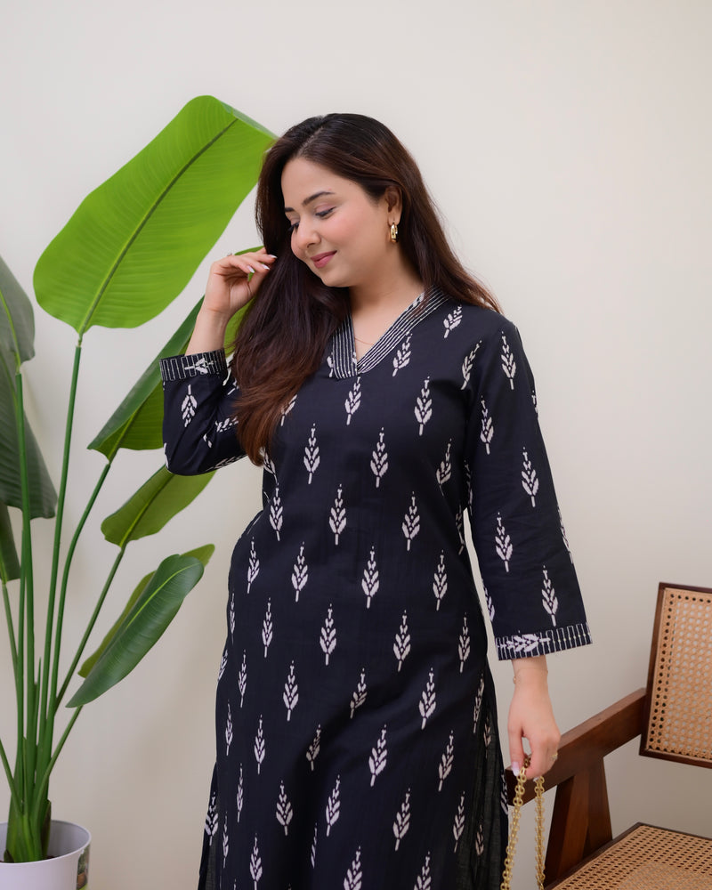 Black Printed Cotton Kurta